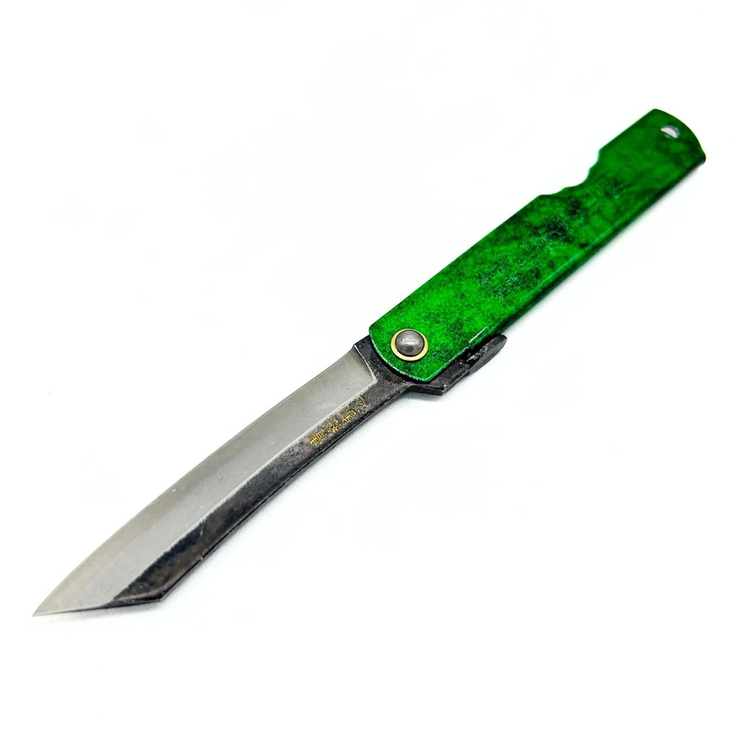 Higonokami Folding Knife,  HISUI Blue Paper Steel, Black Back & Jade Color Handle