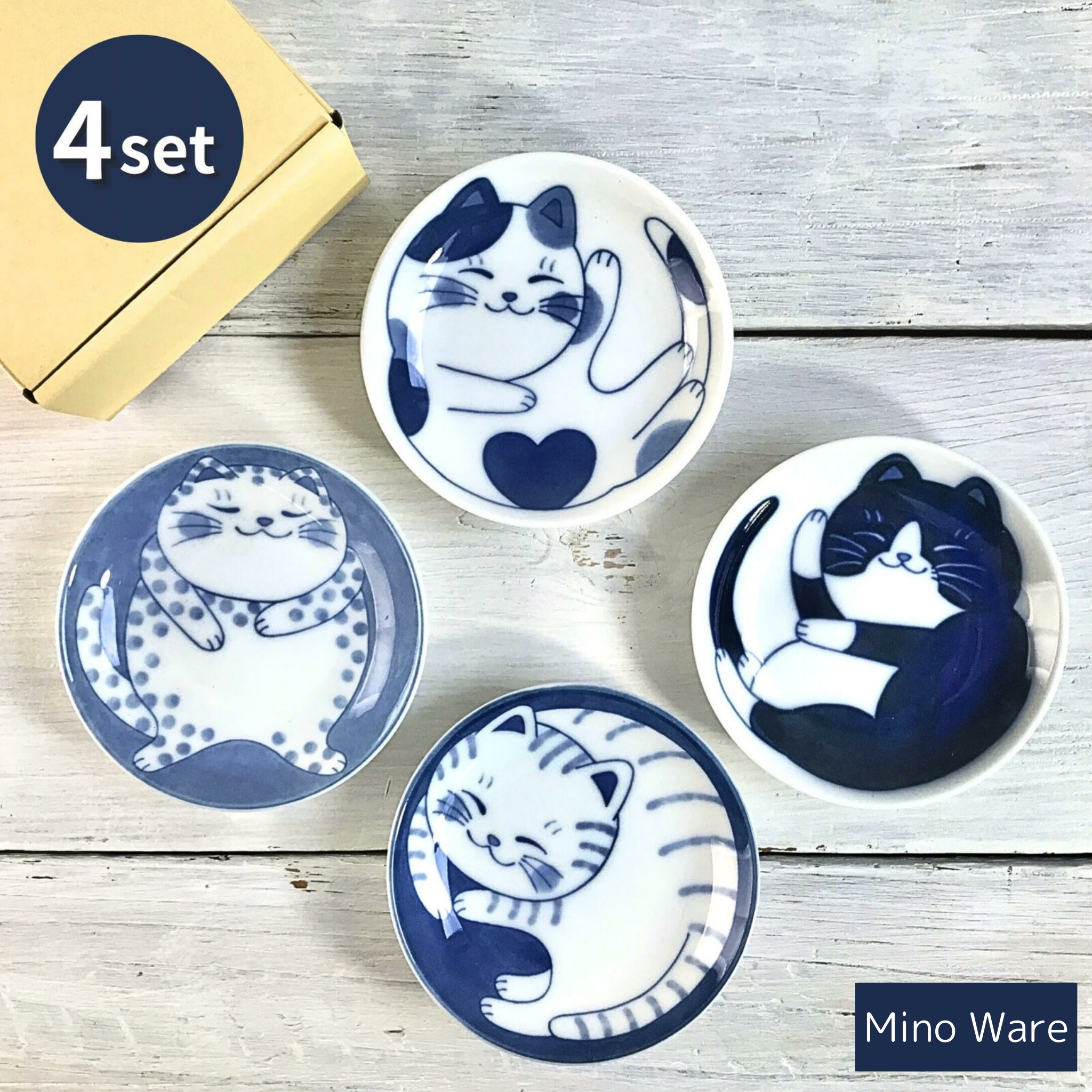 Mino Ware Cute Cats Small Plate, Ceramic Pottery Set of 4